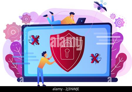A man before laptop with shield and lock on the screen. Anti virus software, anti-malware, spyware, trojan, adware as internet security concept. Viole Stock Vector