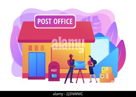 Documents, letters express courier delivering. Postal services. Post office services, post delivery agent, post office card accounts concept. Bright v Stock Vector