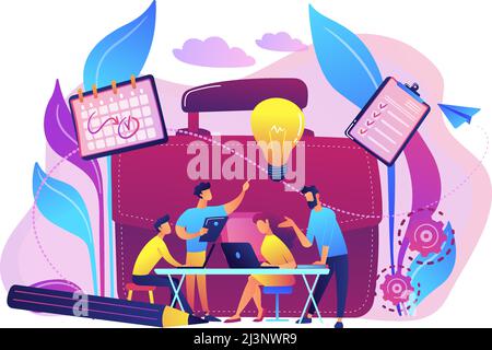 Business team work together with laptops and light bulb. Collaboration, collaborative problem solving and partnership concept on white background. Bri Stock Vector