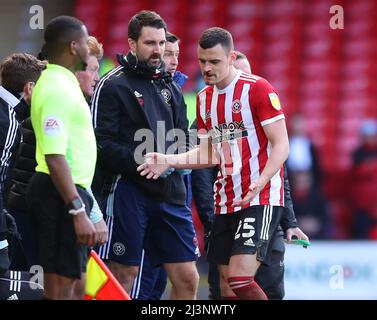 Sheffield, UK. 9th April 2022.   Filip Uremovic of Sheffield Utd with a cut face during the Sky Bet Championship match at Bramall Lane, Sheffield. Picture credit should read: Simon Bellis / Sportimage Credit: Sportimage/Alamy Live News Stock Photo