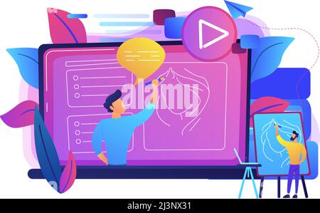 A man with easel before screen with video learning how to draw a portrait. Education video, modern teaching tool and interactive learning concept. Vio Stock Vector