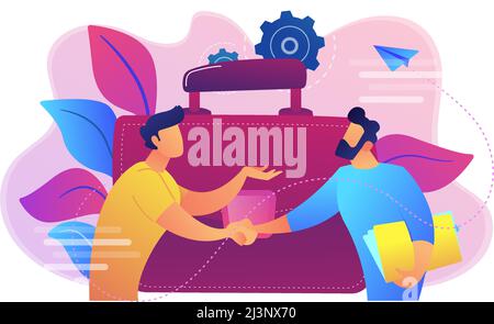 Two business partners shaking hands and big briefcase. Partnership and agreement, cooperation and deal completed concept on white background. Bright v Stock Vector