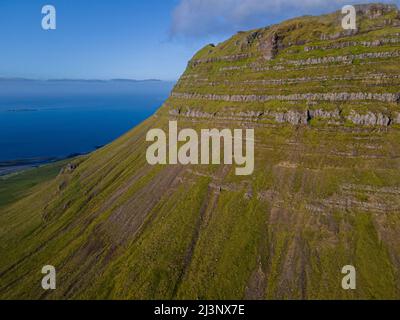 Beautiful aerial view of the Kirkjufell high mountain in Iceland, on the Snæfellsnes peninsula Stock Photo