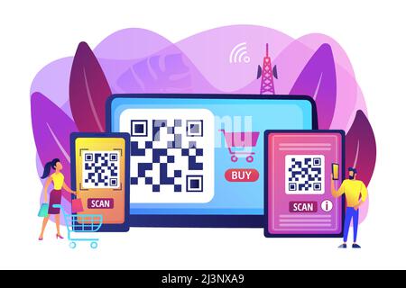 Barcode reading app, qrcode reader epayment transaction application. QR code scanner, QR generator online, QR code payment concept. Bright vibrant vio Stock Vector