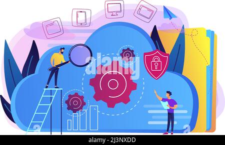 Two developers looking at the gears on the cloud. Digital data storage, database securiry, data protection, cloud technology concept, violet palette. Stock Vector