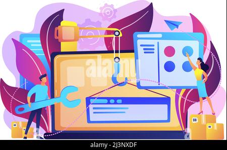 It professionals are creating web site on the laptop screen. Website development or web application, coding, designing for web browsers concept. Viole Stock Vector