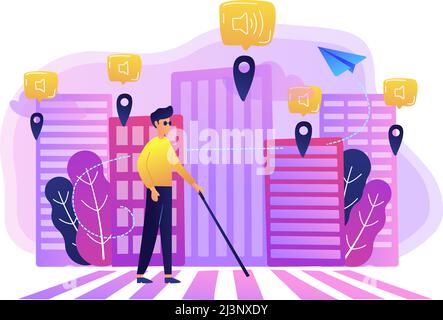 A blind man crossing the street with smart tags and voice notifications around. Barrier-free convenient environment as IoT and smart city concept, vio Stock Vector
