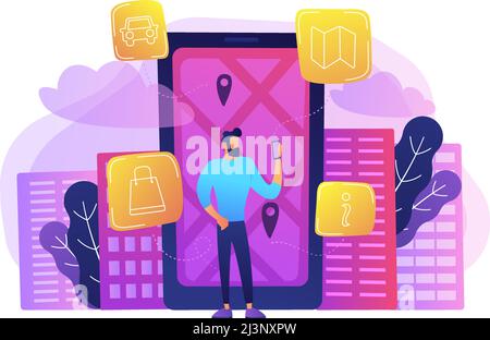 A man near huge LCD screen with city map and gps tags on the screen getting information about the city. Mobile center, smart guide, IoT and smart city Stock Vector