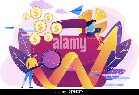 Businessman with magnifier looks at growing chart and briefcase. Financial investment, marketing, security of deposits concept on white background. Br Stock Vector