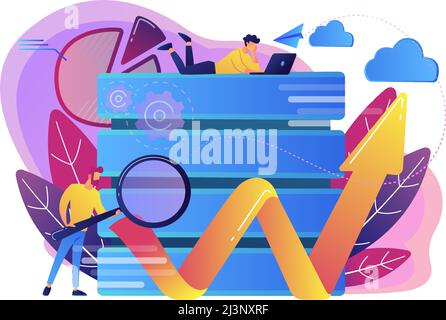 Developer with magnifying glass working with big data and zigzag arrow. Digital analytics tools, data storage and software engineering concept, violet Stock Vector