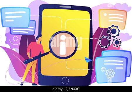 User looking for information in tablet with magnifier. Electronic goods technical assistance guide, manual for computer hardware and software concept, Stock Vector