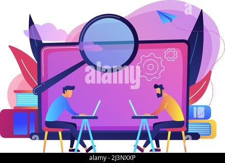 Students with laptops are searchig information in comruter class. Computer lab, academic laboratory, public library or Internet cafe. Modern education Stock Vector