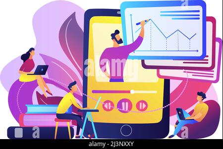 Students watching recorded lecture with professor talking from tablet. Podcast courses, audio and video recording, class recording access concept, vio Stock Vector