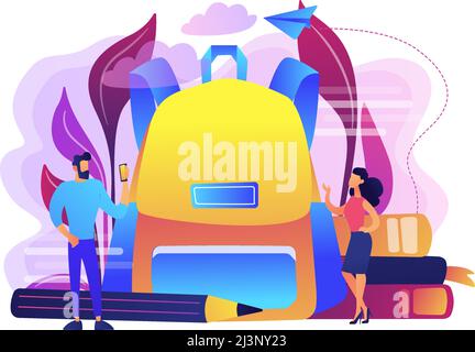 Students wearing new clothes and big backpack, books, pencil. Back to school outfits and trends, new school year fashion and first day of school cloth Stock Vector