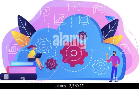 Developers using laptop and smartphone working with cloud data. Multimedia and big data architecture, database, cloud computing, cloud platform concep Stock Vector
