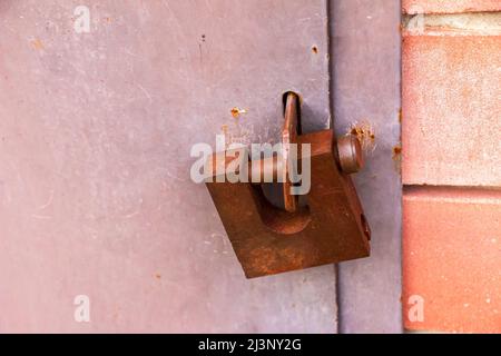 A rusty old padlock is locked on metal doors. No entry, security. Stock Photo
