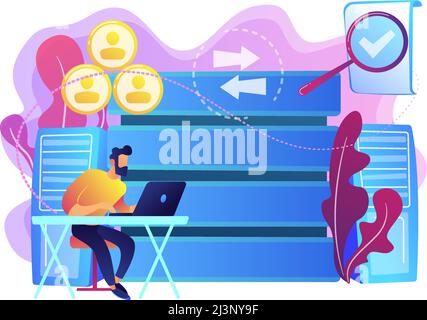 Developer working with management information system. Information system security and integrity, big data, financial information organization concept, Stock Vector