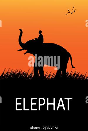 silhouette image Black elephant walking on grass vector Illustration Stock Vector