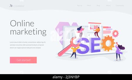 Website traffic, web page visibility. Marketers team creating digital advertising characters. Search engines, online marketing, seo tools concept. Web Stock Vector