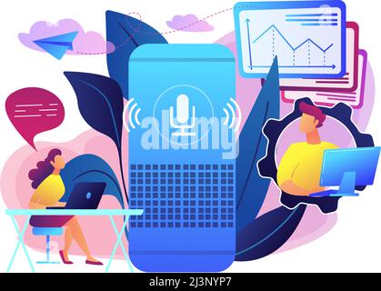 Smart speaker used by office workers. Smart office controller and voice commands, voice controlled office digital devices and Internet of things conce Stock Vector