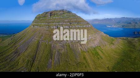 Beautiful aerial view of the Kirkjufell high mountain in Iceland, on the Snæfellsnes peninsula Stock Photo