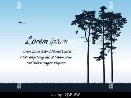 Flat design illustration of landscape with coniferous trees and grass. Forest with blue sky background and space for text - vector banner Stock Vector