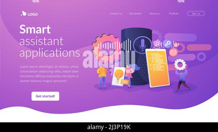 Smart assistant applications, voice application platform, voice assistant development concept. Website homepage header landing web page template. Stock Vector
