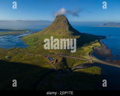 Beautiful aerial view of the Kirkjufell high mountain in Iceland, on the Snæfellsnes peninsula Stock Photo