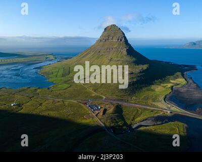 Beautiful aerial view of the Kirkjufell high mountain in Iceland, on the Snæfellsnes peninsula Stock Photo