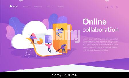 Cloud collaboration technology, remote business management, wireless computing service concept. Website homepage header landing web page template. Stock Vector