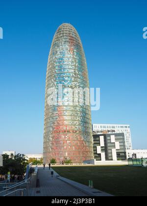 Torre Agbar or Agbar Tower, a 142 metre skyscraper designer by architect Jean Nouvel located in Glorias Square, Barcelona, Spain, Europe Stock Photo
