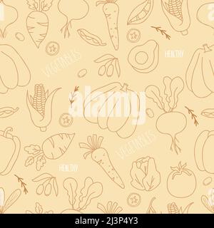 Seamless background with vegetables. Linear hand drawings Pumpkin, beets, cabbage and carrots, avocados and olives, corn and peas on light yellow back Stock Vector
