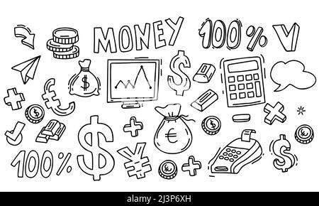 Big set of money drawings. Banknotes and bills, money and coins, cash, money bag and wallet, terminal in linear hand doodle style. Vector illustration Stock Vector
