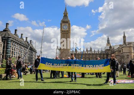 London, UK. 09th Apr, 2022. Protesters gather in Parliament Square. a 'Defend Ukraine' protest has been organised by the Labour Movement For Ukraine and PCS Union in central London Credit: Imageplotter/Alamy Live News Stock Photo