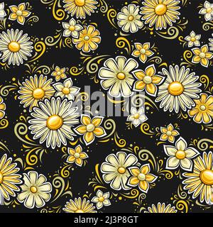 Vector Holiday Flowers Seamless Pattern, square repeating background with illustration of pale color petunia flowers, spring march matricaria, cartoon Stock Vector
