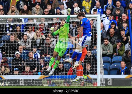 Blackburn, UK. 09th Apr, 2022. Chris Maxwell #1 of Blackpool punches clear as Sam Gallagher #9 of Blackburn Rovers challenges in Blackburn, United Kingdom on 4/9/2022. (Photo by Mark Cosgrove/News Images/Sipa USA) Credit: Sipa USA/Alamy Live News Stock Photo