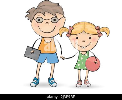 Beautiful children. A boy with a laptop and a girl with a ball holding hands, the concept of playing and learning Stock Vector