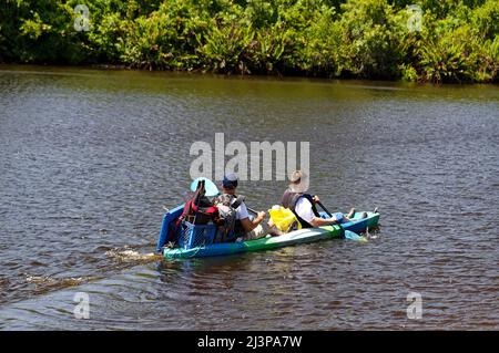 loaded kayak, father, son, man, boy, paddling, motion, water, sport ...