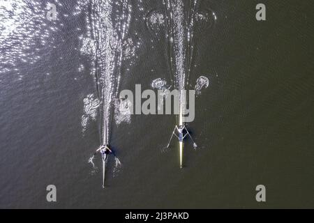 Drinagh, West Cork, Ireland. 9th Apr, 2022. Skibbereen Rowing Club held a 1km regatta on Drinagh lake today. Clubs attended from across Munster on what was a very sunny and warm day. The racing was very close throughout the day. Credit: AG News/Alamy Live News Stock Photo