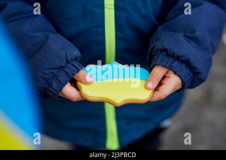 Patriotic little boy holds Ukrainian symbolic blue and yellow cookie. Mock up cookie. Stand with Ukraine. Support Ukraine. Stop russian aggression con Stock Photo