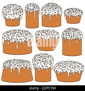 Set of color illustrations with Easter cakes. Isolated vector objects on a white background. Stock Vector