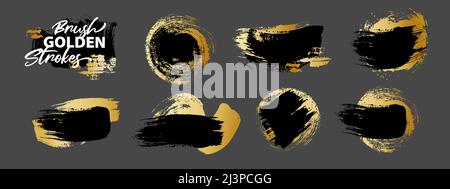 Golden and Black Brush Strokes Set. Various circular and linear of black and gold bold brush strokes mixed together. Hand drawn brush marks vectorized Stock Vector