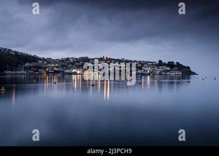 Polruan, a Cornish fishing and boat building village,  Fowey River, Cornwall, dusk Stock Photo
