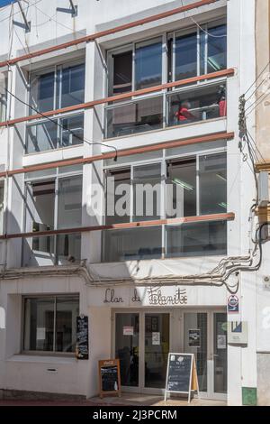 Felanitx, Spain; april 07 2022: Main facade of the residence for the elderly and cafeteria, Llar de Felanitx, on a sunny morning. Island of Mallorca, Stock Photo