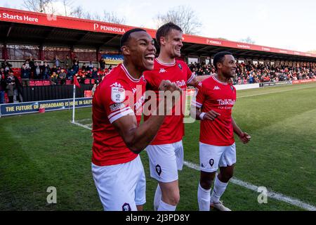 Salford striker Matt Smith celebrates after scoring to take the lead as Salford City beat Harrogate Town 2-0. Salford, UK. 9th April 2022. Stock Photo