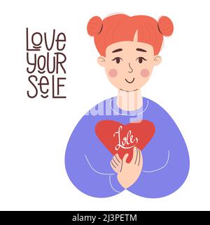 Love yourself. Red-haired girl with red heart in her hands. Vector illustration. Concept Love yourself and make time for yourself by taking care of yo Stock Vector