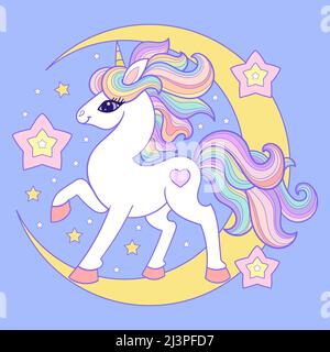 Beautiful unicorn on the moon. Baby vector illustration Stock Vector