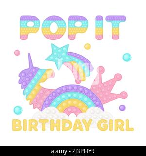 Popit birthday girl sublimation in fidget toy style. Bubble pop it birthday lettering. Pop it t-shirt design as a trendy silicone toy for fidget in ye Stock Vector