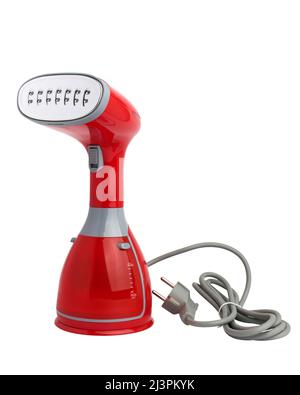 Modern household red plastic handheld steamer isolated on white background close-up Stock Photo