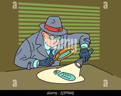 A detective with a flashlight investigates the trail, a man in a coat, hat and glasses Stock Vector